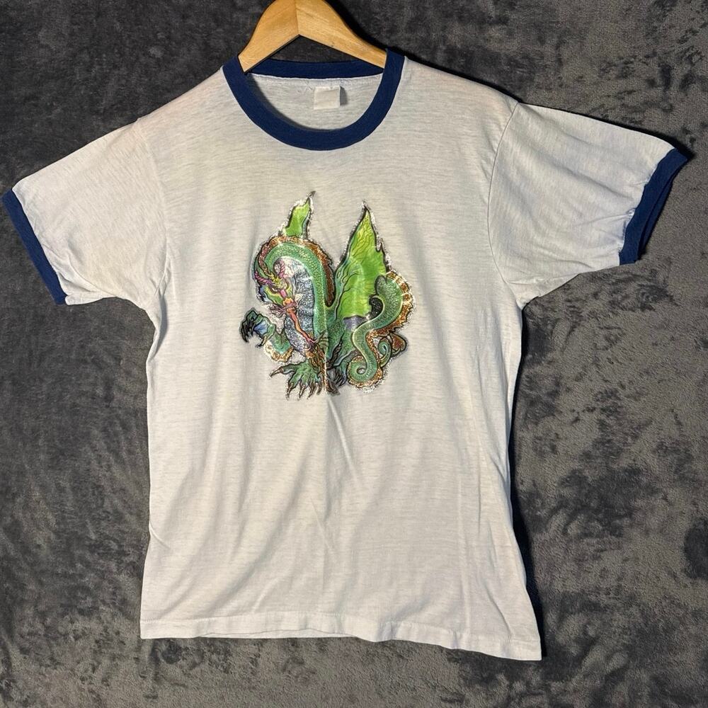 VTG 80s Ringer T Shirt Dragon Glitter Iron On Foil Single Stitch Medium White